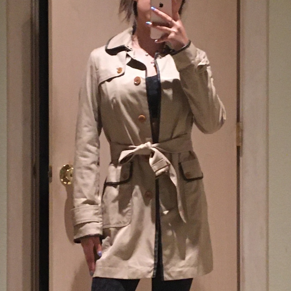 Leather Trim Beige Trench Coat